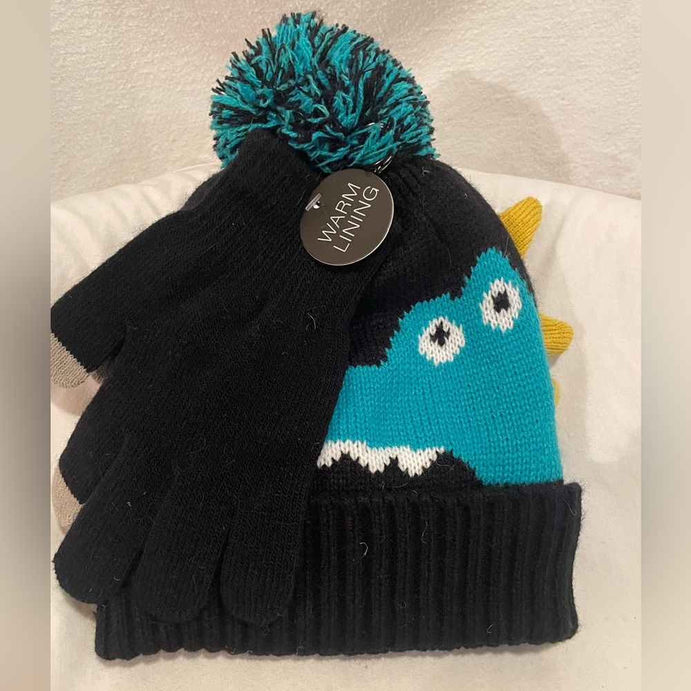 Kids Dinosaur Knit Hat and Gloves Set - Black and Blue